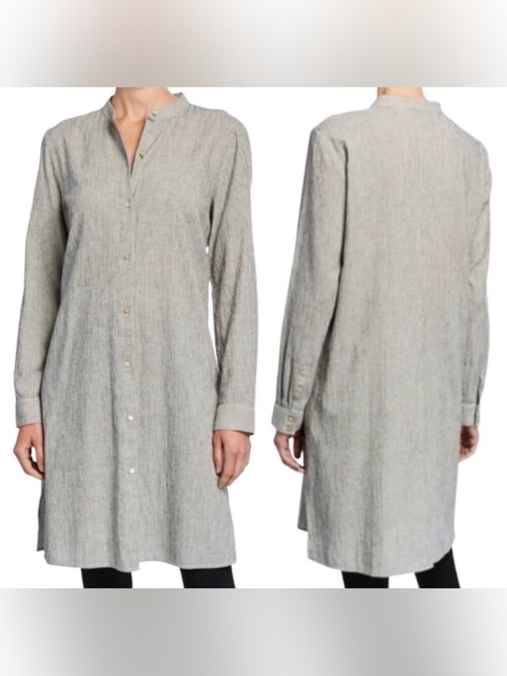 EUC- Eileen Fisher Mandarin Collar Organic Cotton Blend Button-Front Shirt Dress
